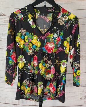 Brittany 1X Floral Mandarin Collar Top Asian Inspired Boho Y2K Stretch Blouse US